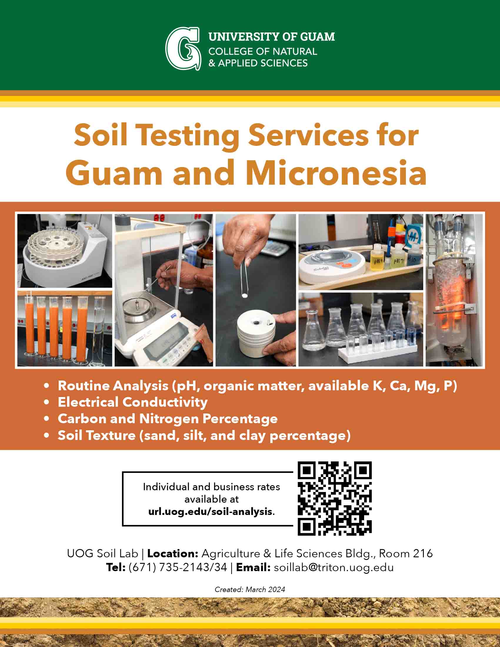 Flyer for soil testing services at UOG